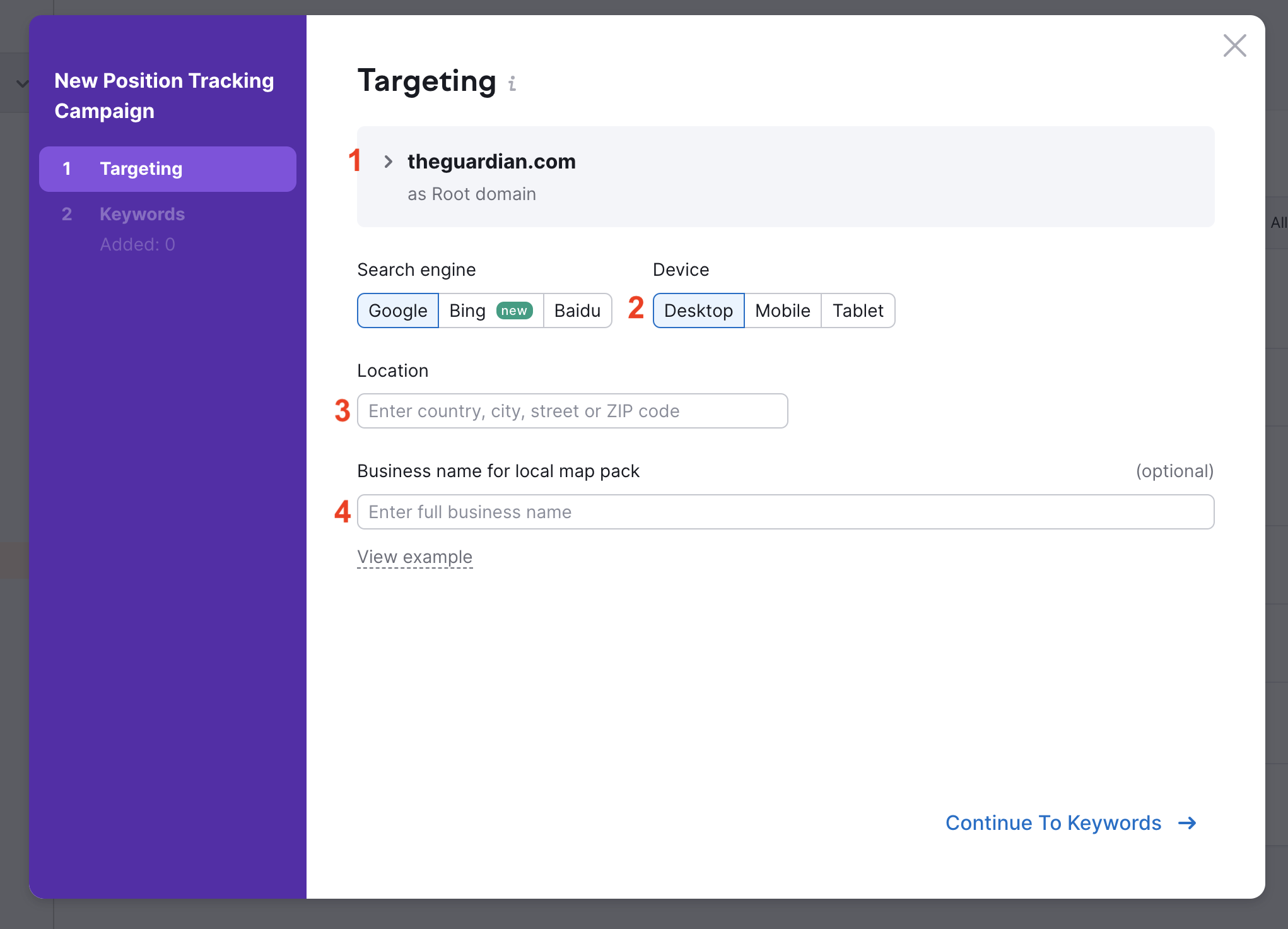 Position Tracking setup window with all basic settings being numbered: 1 for the website URL and campaign scope, 2 for device type, 3 for location, and 4 for the business name of your local pack.